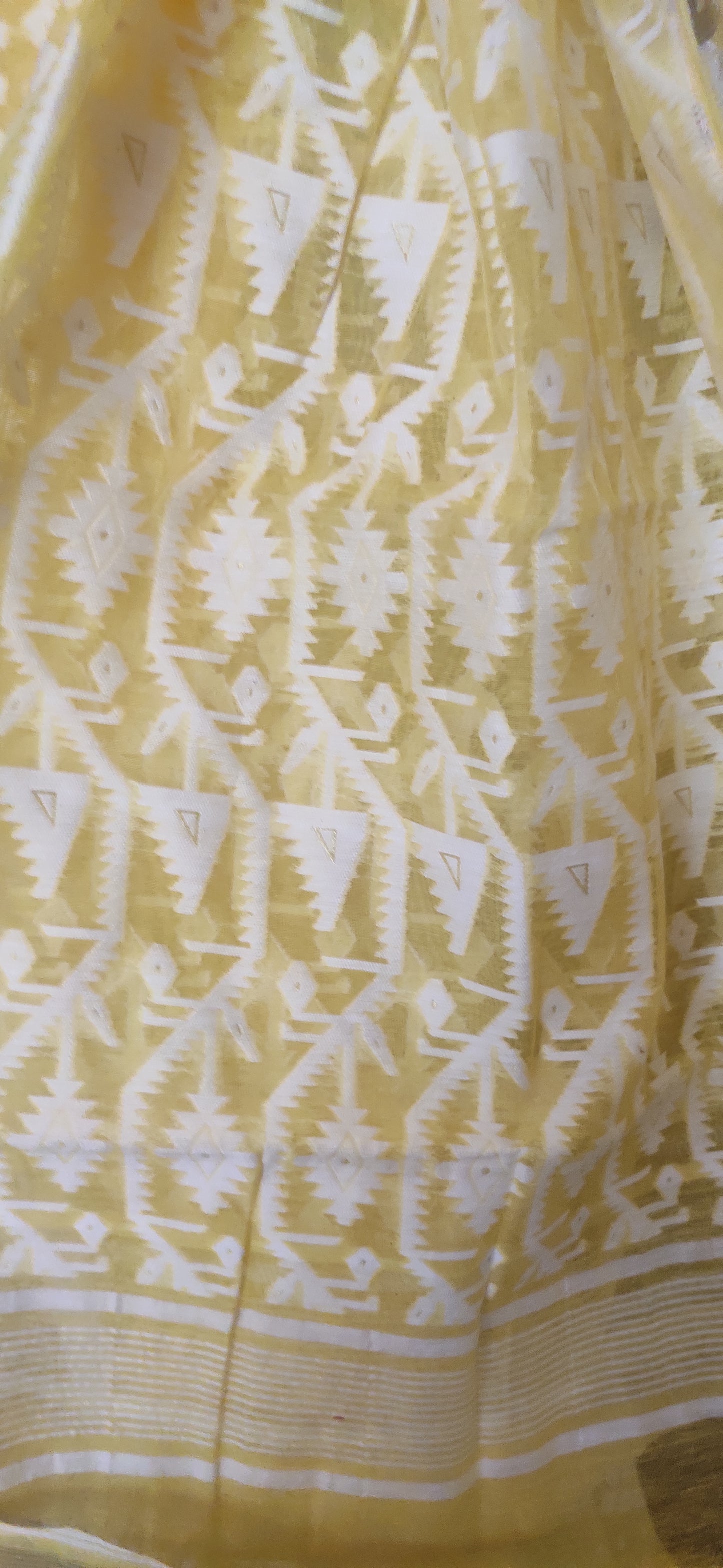 Yellow Soft Silk Cotton Jamdani Inspired Saree having white thread work
