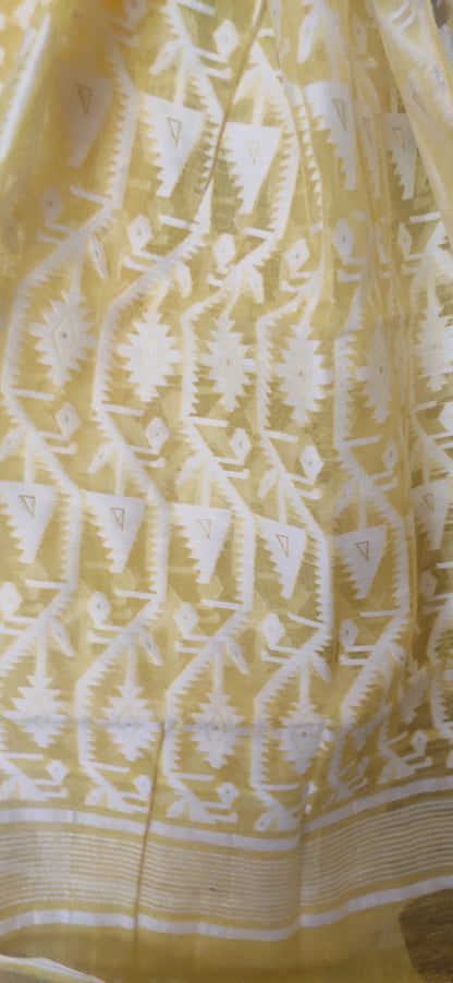 Yellow Soft Silk Cotton Jamdani Inspired Saree having white thread work