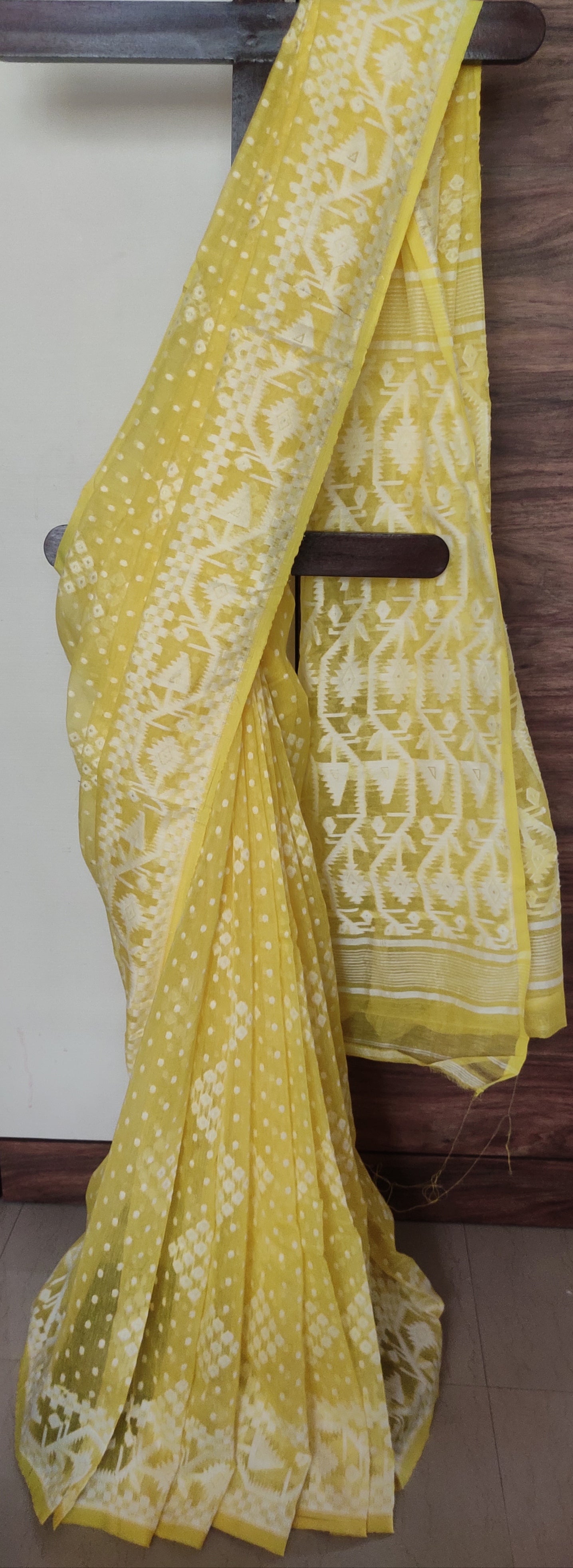 Yellow Soft Silk Cotton Jamdani Inspired Saree having white thread work