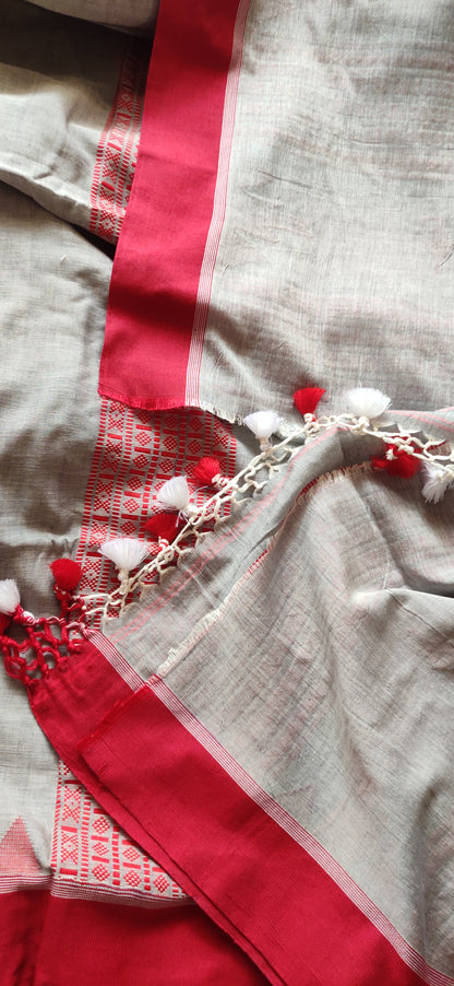 Vasudha - Grey Classic Cotton Red Temple Border Saree