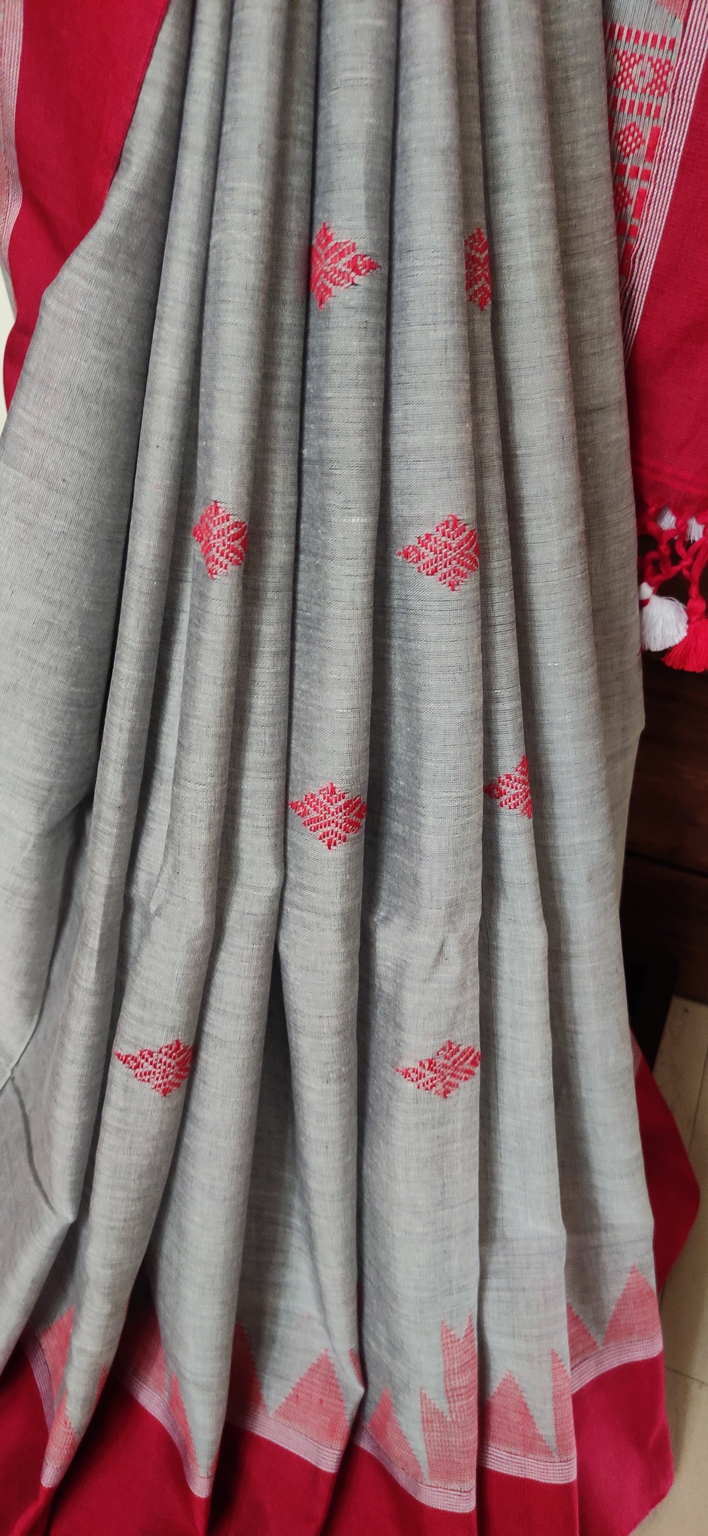 Vasudha - Grey Classic Cotton Red Temple Border Saree
