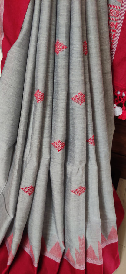 Vasudha - Grey Classic Cotton Red Temple Border Saree