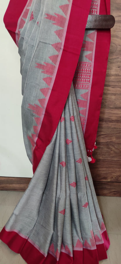 Vasudha - Grey Classic Cotton Red Temple Border Saree