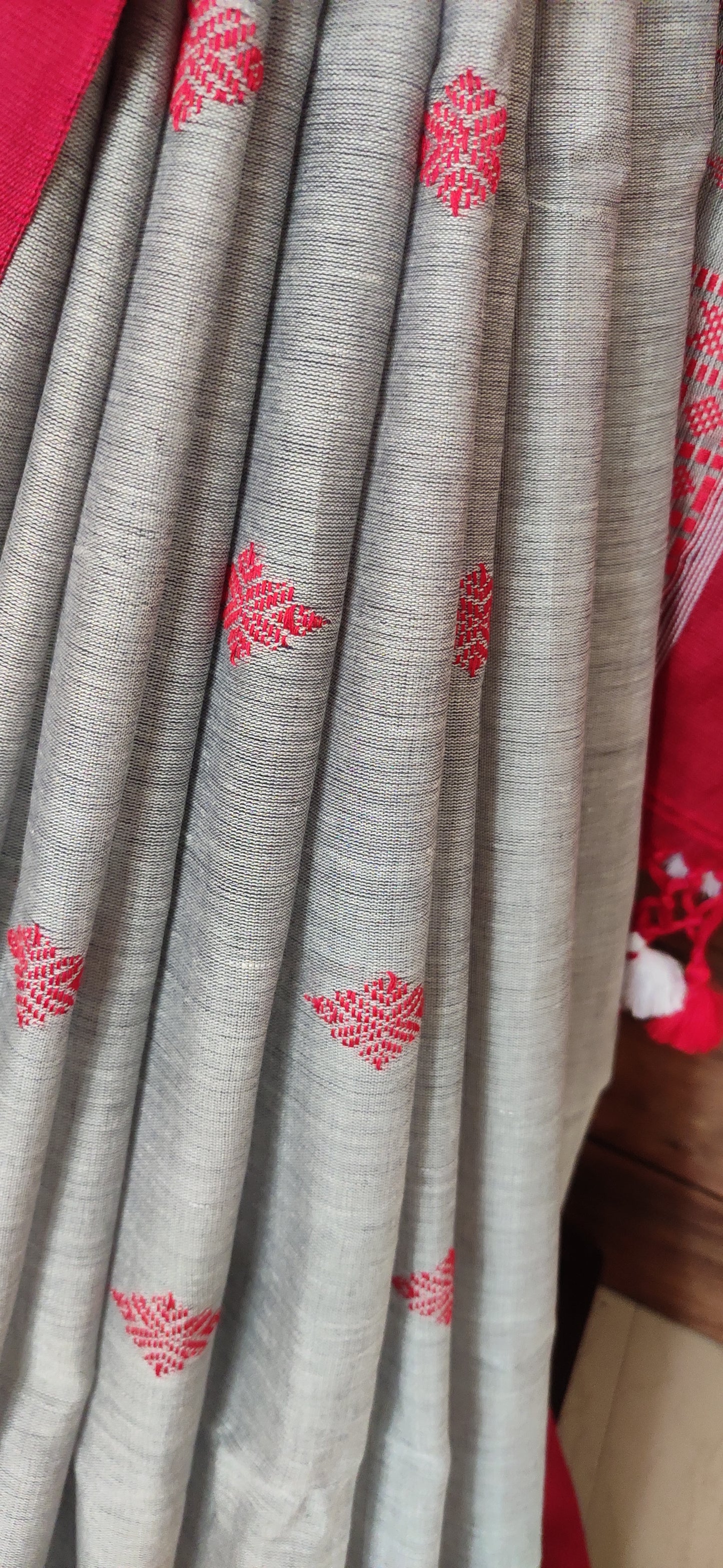 Vasudha - Grey Classic Cotton Red Temple Border Saree