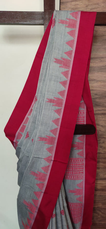 Vasudha - Grey Classic Cotton Red Temple Border Saree