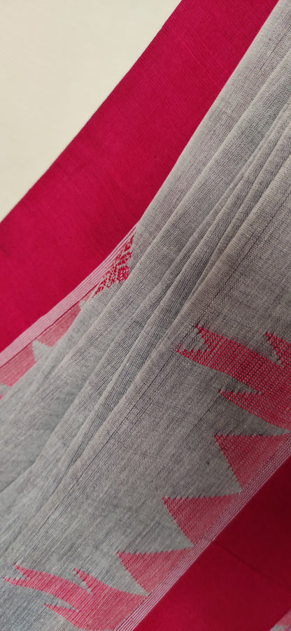 Vasudha - Grey Classic Cotton Red Temple Border Saree