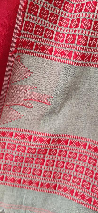 Vasudha - Grey Classic Cotton Red Temple Border Saree