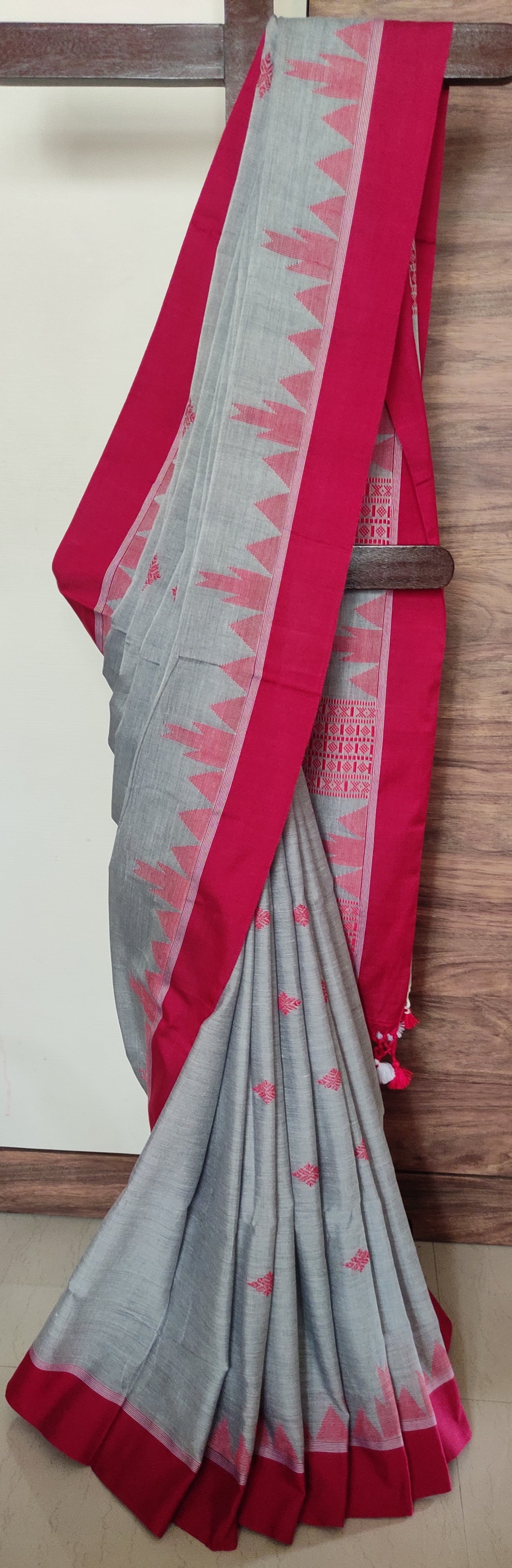 Vasudha - Grey Classic Cotton Red Temple Border Saree