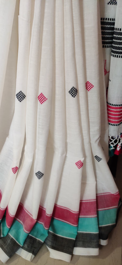 White Cotton Threaded bhujuri style Jamdani work done Saree