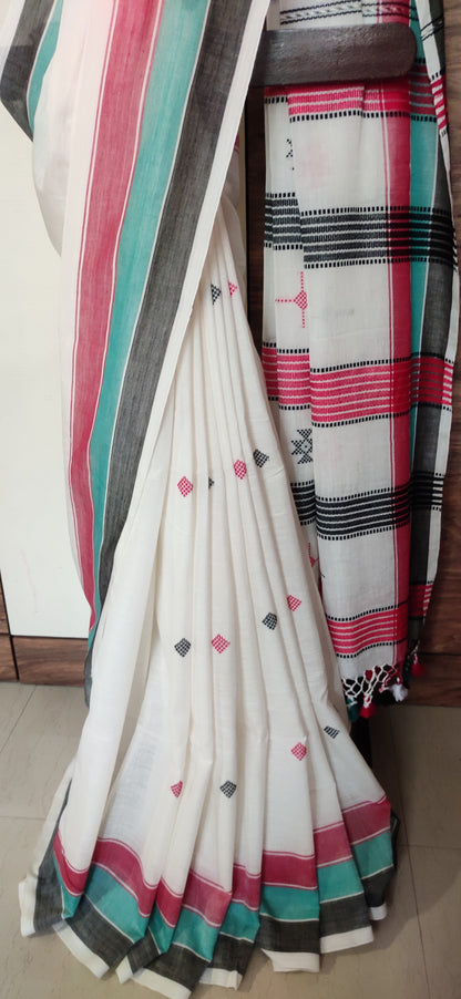 White Cotton Threaded bhujuri style Jamdani work done Saree