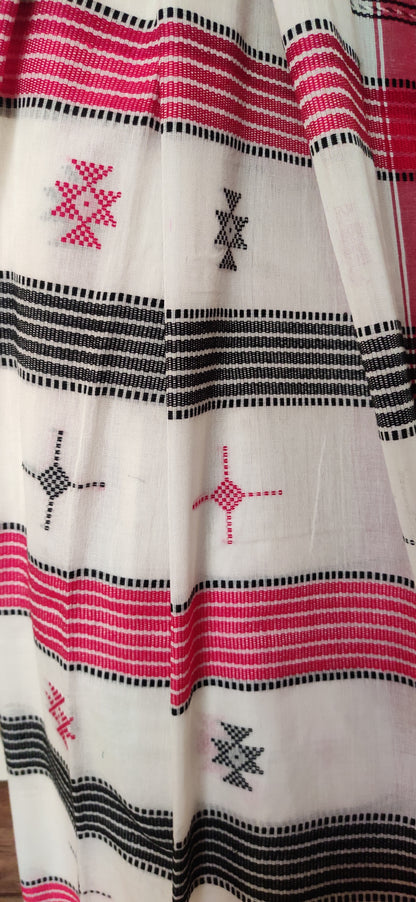 White Cotton Threaded bhujuri style Jamdani work done Saree