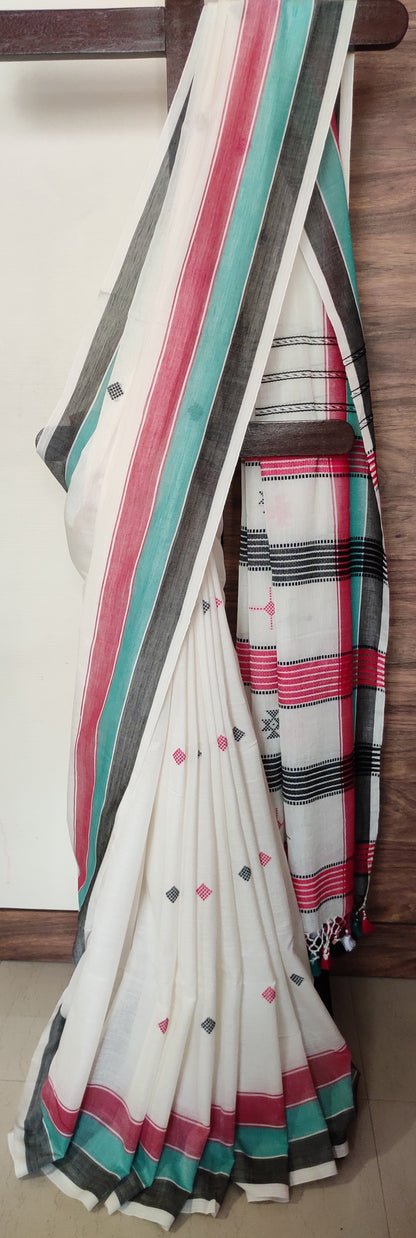 White Cotton Threaded bhujuri style Jamdani work done Saree