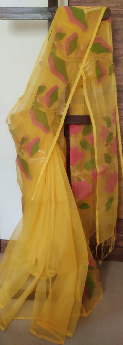 Shine Yellow soft muslin handwoven jamdani