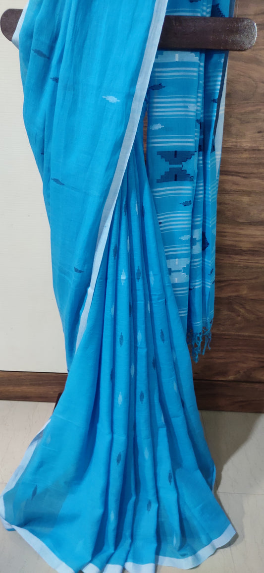 Phiroza Blue handspun Pure Muslin Cotton handloom Jamdani
