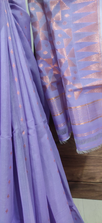 Jamdani Inspired Purple Silk Cotton Copper Zari Worked handloom Saree