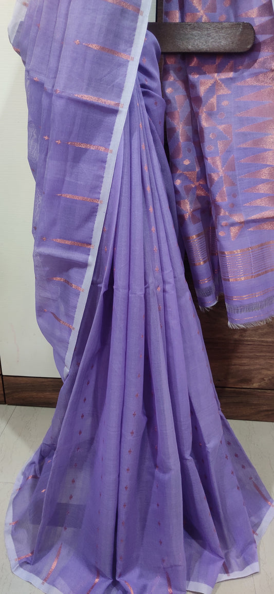 Jamdani Inspired Purple Silk Cotton Copper Zari Worked handloom Saree