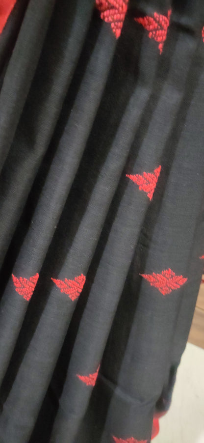 Vasudha - Eternal Black Classic Cotton Red Temple Border Saree
