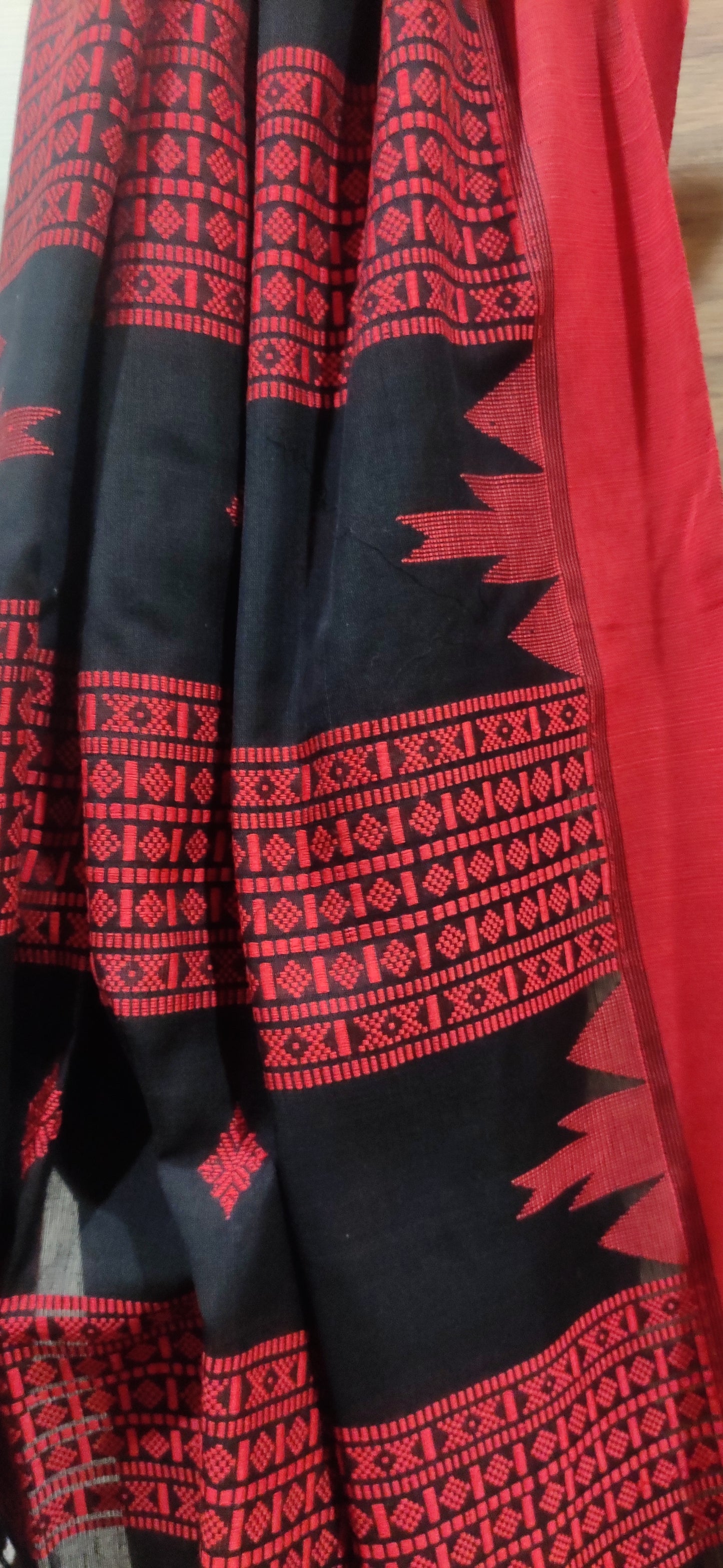 Vasudha - Eternal Black Classic Cotton Red Temple Border Saree