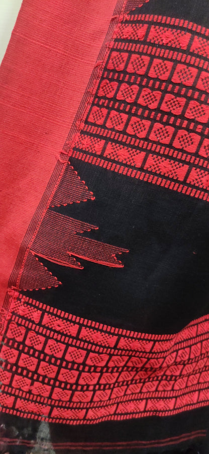 Vasudha - Eternal Black Classic Cotton Red Temple Border Saree
