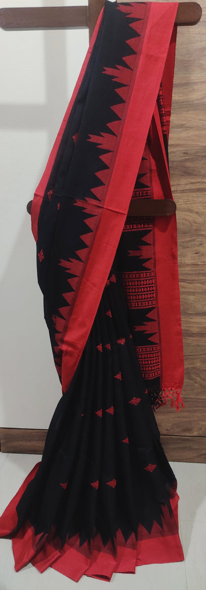 Vasudha - Eternal Black Classic Cotton Red Temple Border Saree