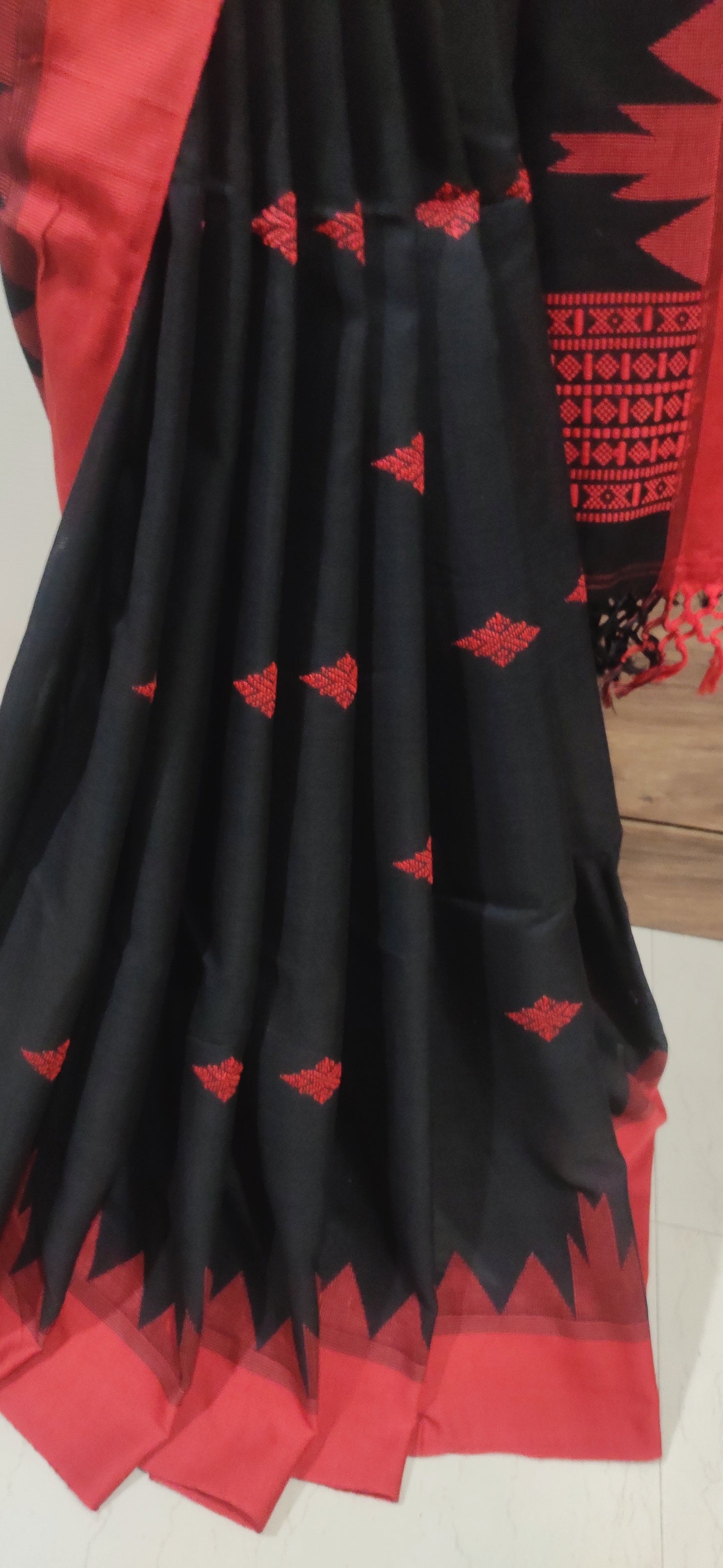 Vasudha - Eternal Black Classic Cotton Red Temple Border Saree