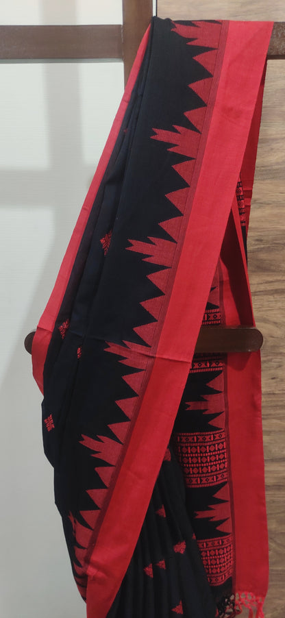 Vasudha - Eternal Black Classic Cotton Red Temple Border Saree