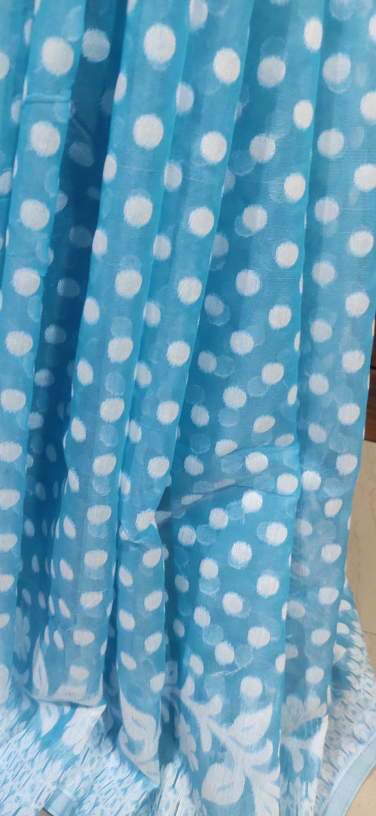 Phiroza Soft Silk Cotton Jamdani Inspired Saree having white polka dots