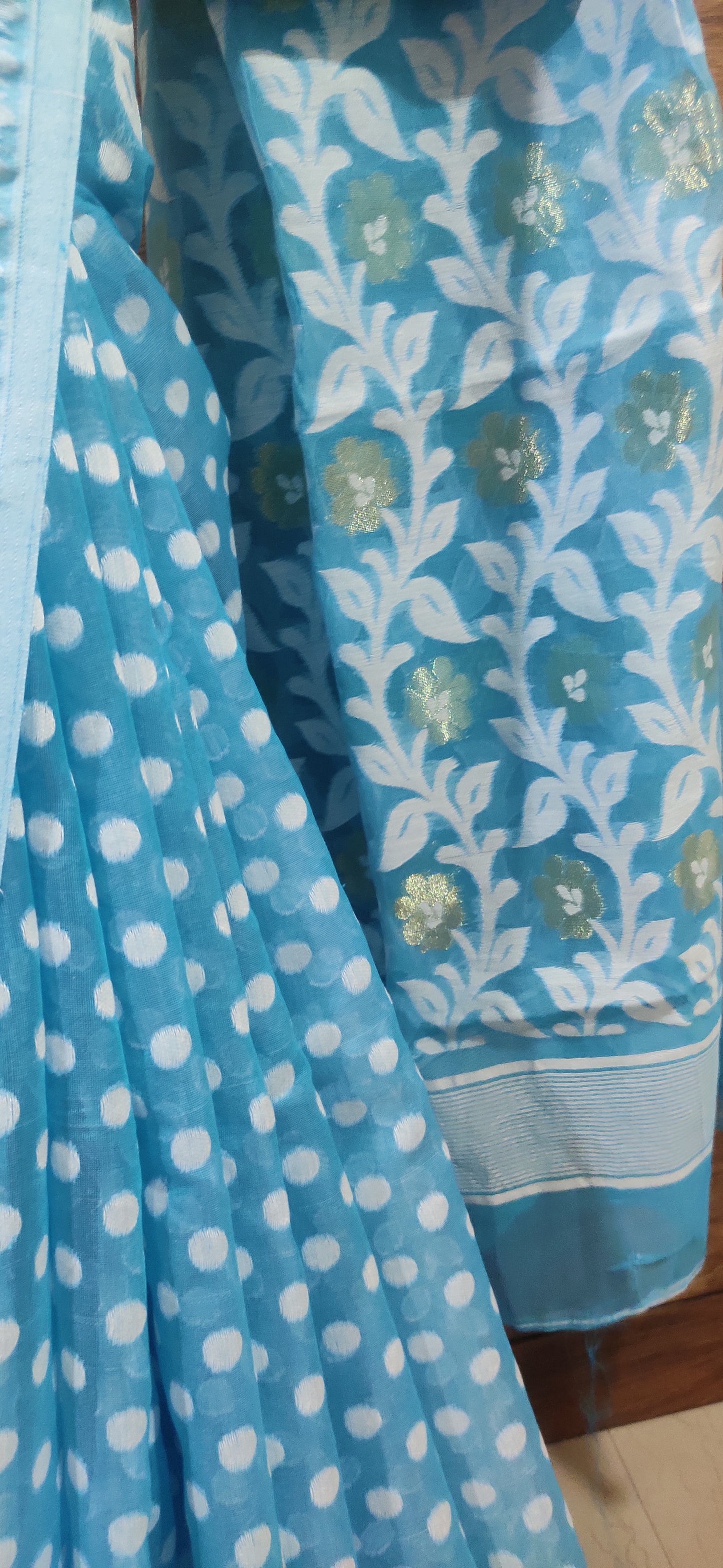 Phiroza Soft Silk Cotton Jamdani Inspired Saree having white polka dots