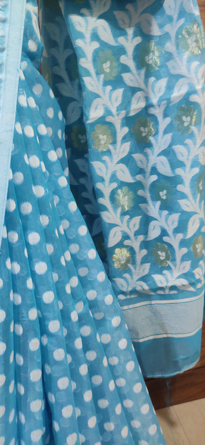 Phiroza Soft Silk Cotton Jamdani Inspired Saree having white polka dots