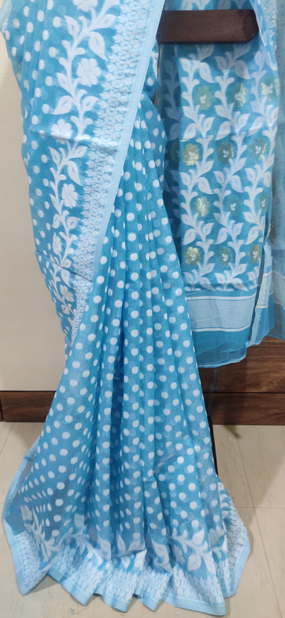 Phiroza Soft Silk Cotton Jamdani Inspired Saree having white polka dots