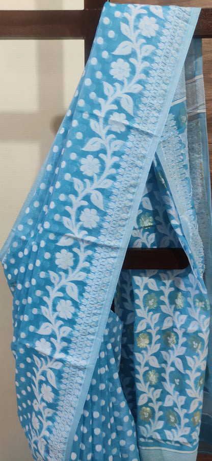 Phiroza Soft Silk Cotton Jamdani Inspired Saree having white polka dots