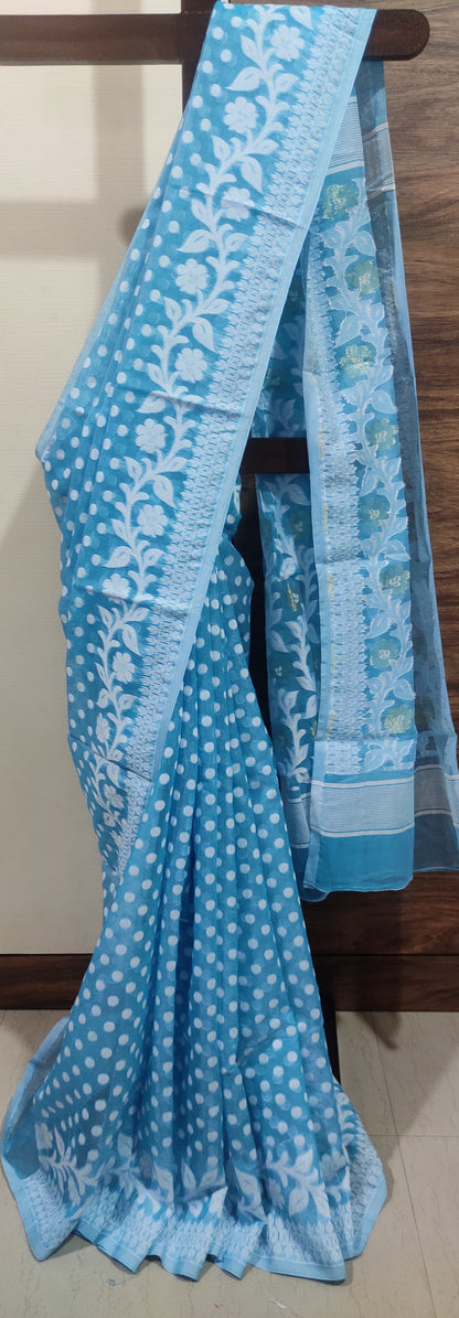 Phiroza Soft Silk Cotton Jamdani Inspired Saree having white polka dots