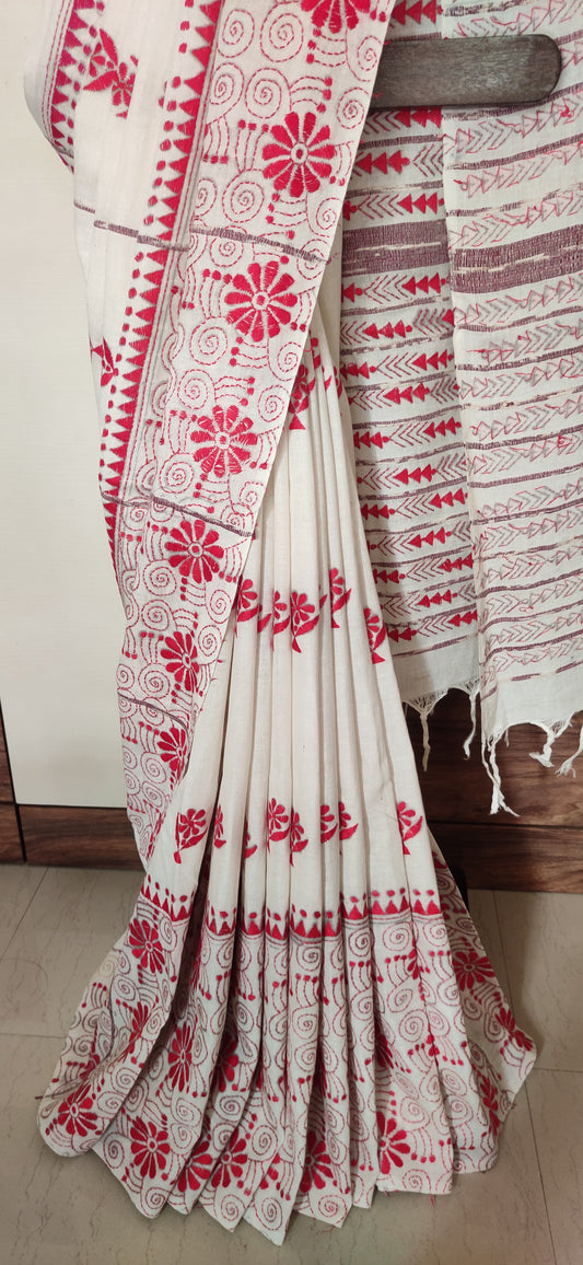 Exclusive Kantha Stitch Done Off-White Khesh Cotton  Saree