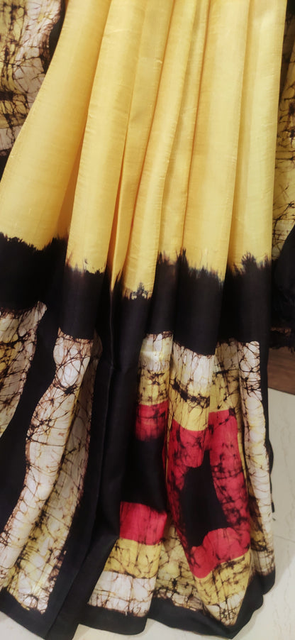 Broad Box Border Lime Yellow Hand Batik Pure Silk Saree