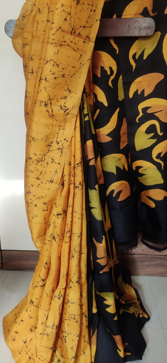Mustard Yellow Hand Batik Pure Silk Saree