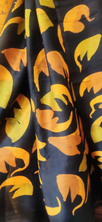 Mustard Yellow Hand Batik Pure Silk Saree