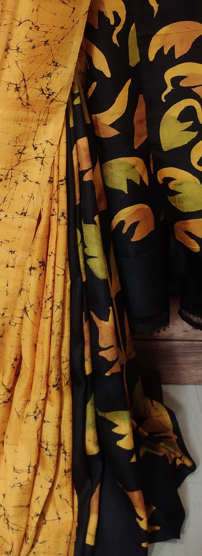 Mustard Yellow Hand Batik Pure Silk Saree