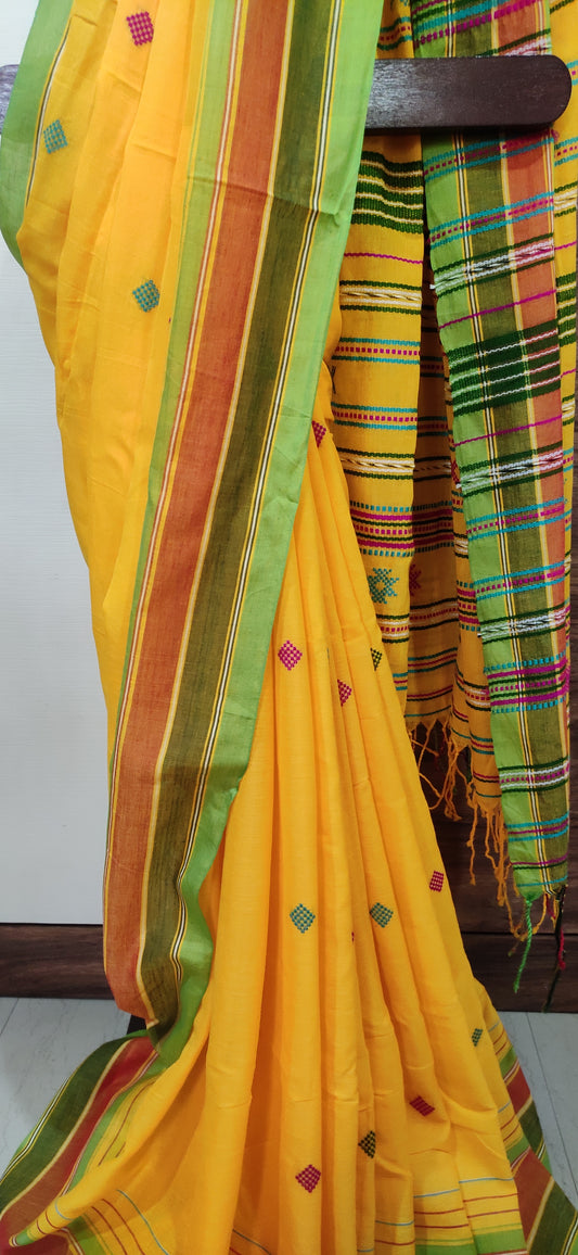 Yellow Cotton Threaded bhujuri style Jamdani work done Saree