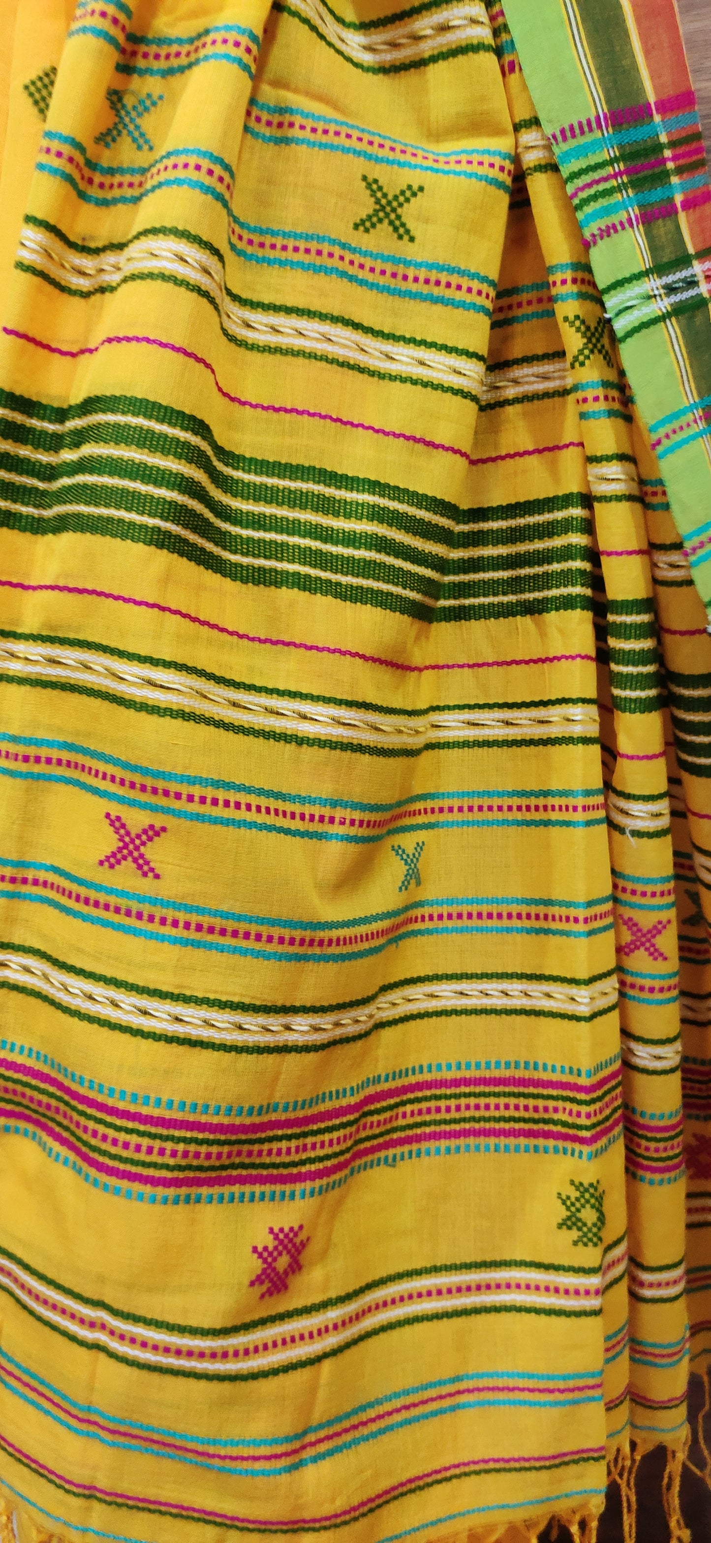 Yellow Cotton Threaded bhujuri style Jamdani work done Saree