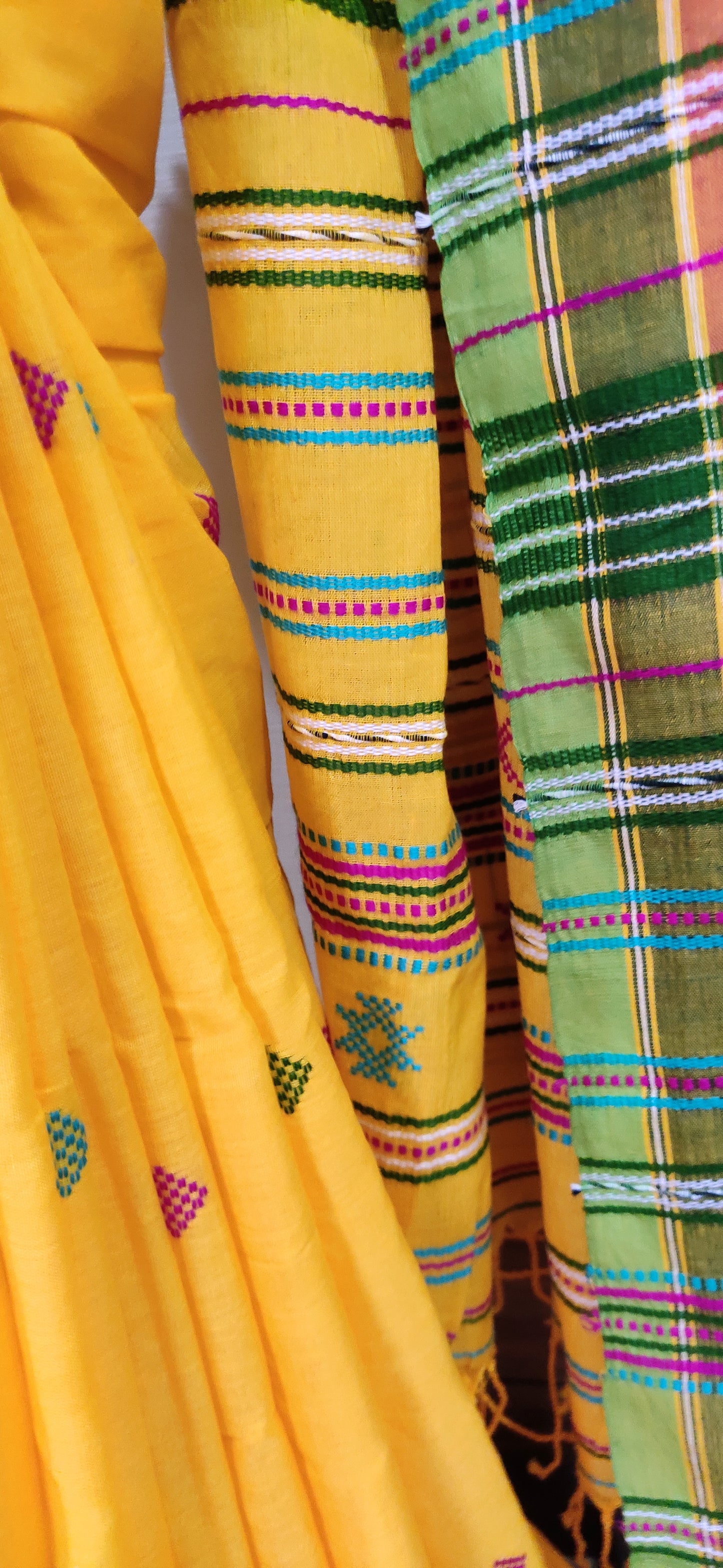 Yellow Cotton Threaded bhujuri style Jamdani work done Saree