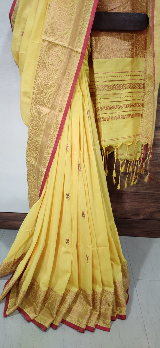 Golden Zari worked bordered with Red Selvedge Pure Cotton Yellow Handloom Saree