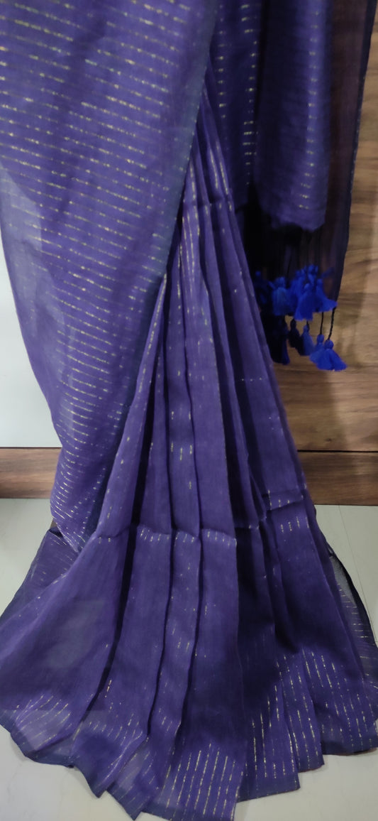 Violet Mul Cotton Vertical zari stripped Saree