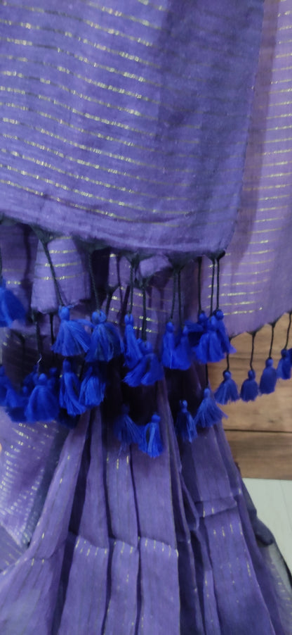 Violet Mul Cotton Vertical zari stripped Saree