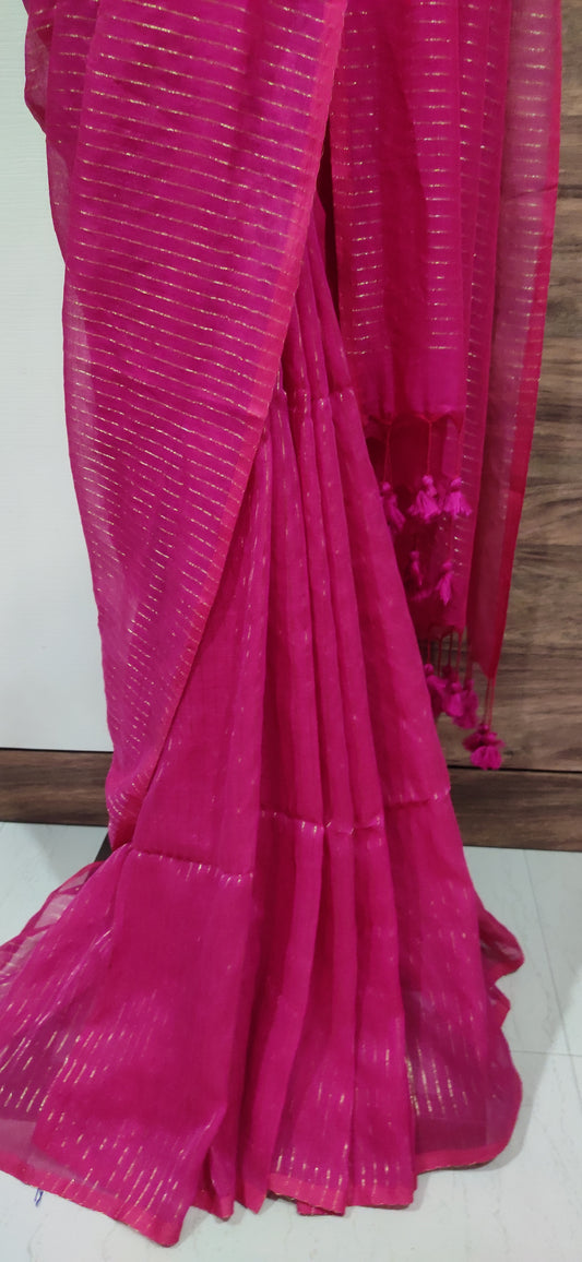 Rani Pink Mul Cotton Vertical zari stripped Saree