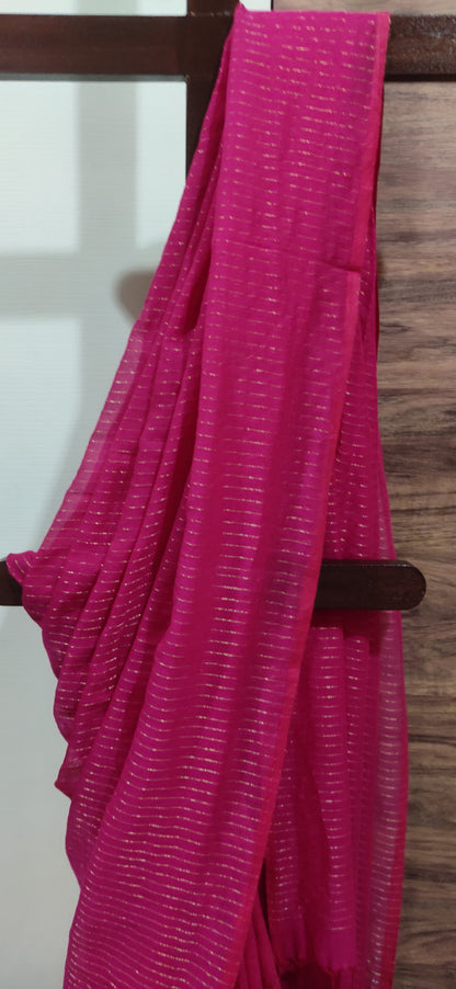 Rani Pink Mul Cotton Vertical zari stripped Saree