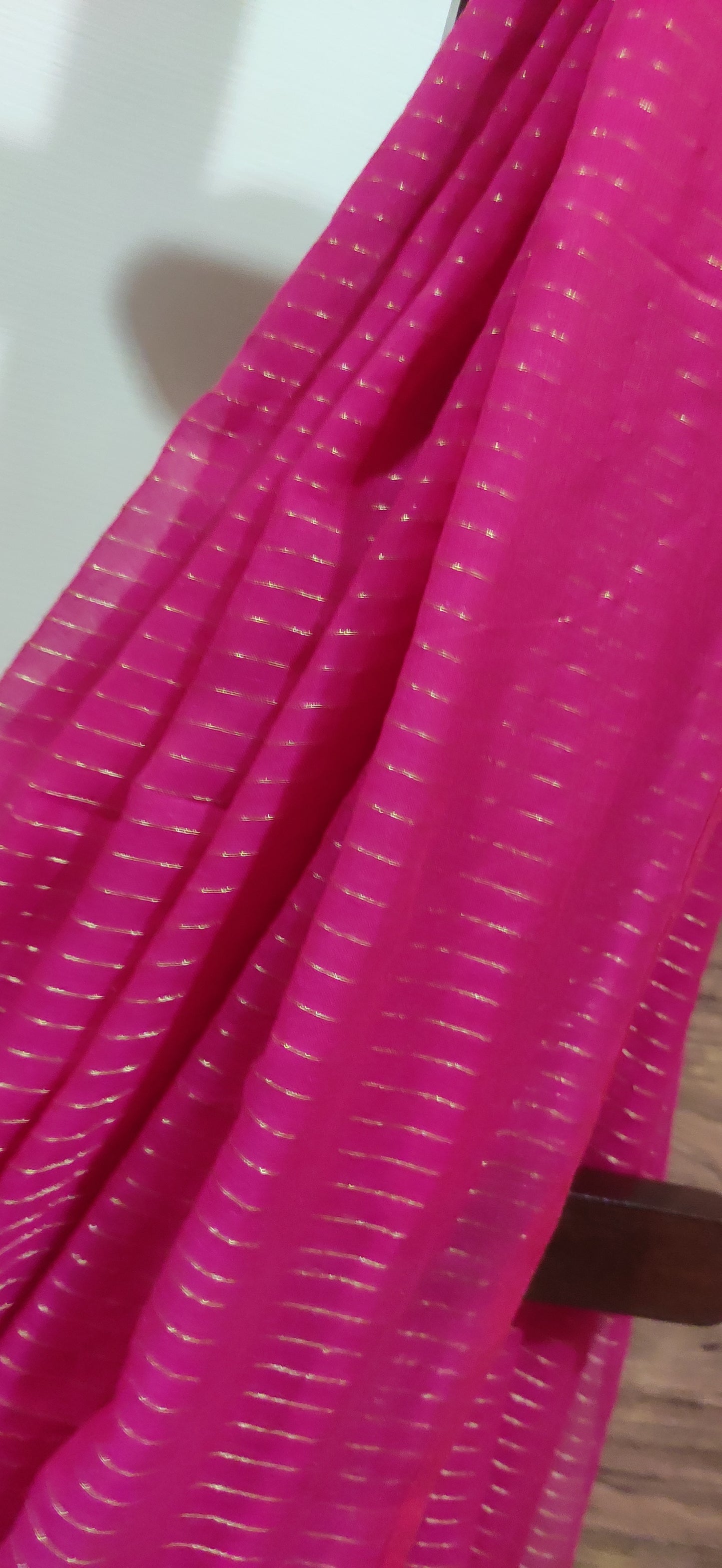 Rani Pink Mul Cotton Vertical zari stripped Saree
