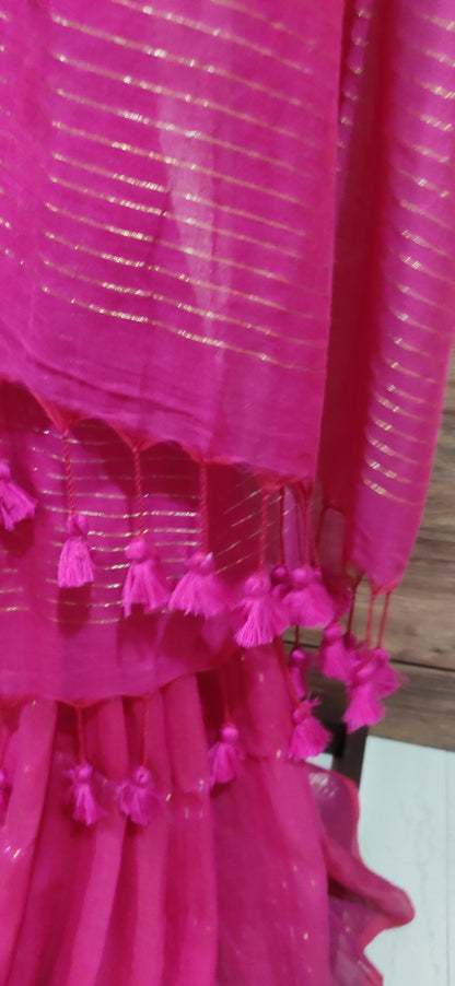 Rani Pink Mul Cotton Vertical zari stripped Saree