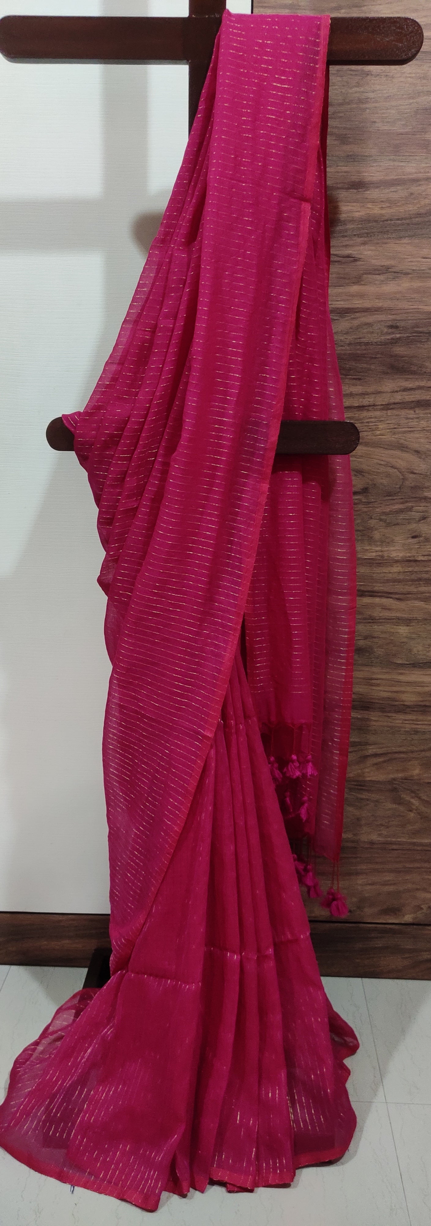 Rani Pink Mul Cotton Vertical zari stripped Saree