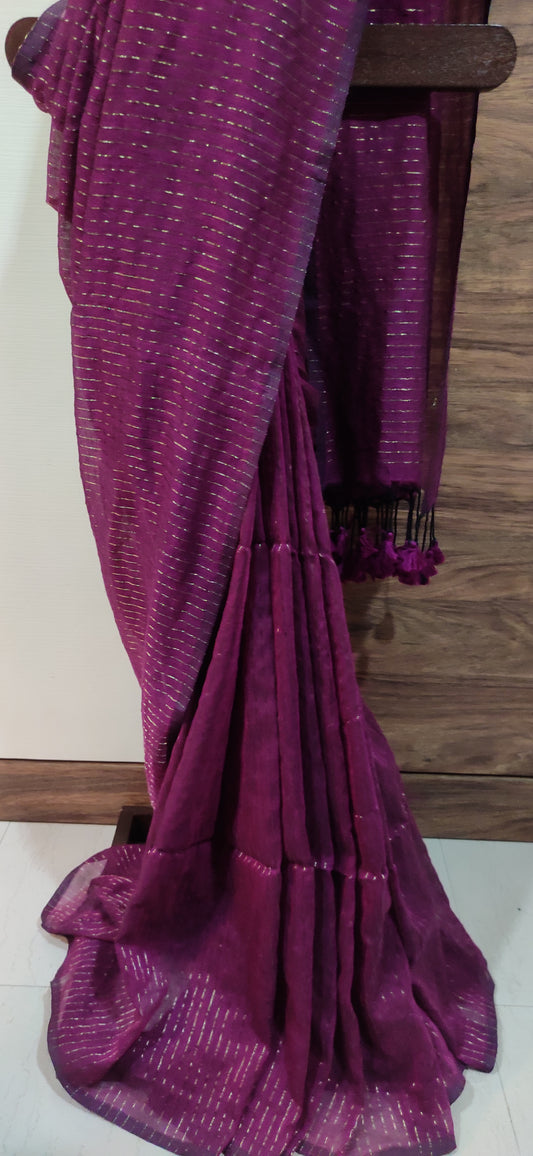 Wine Mul Cotton Vertical zari stripped Saree