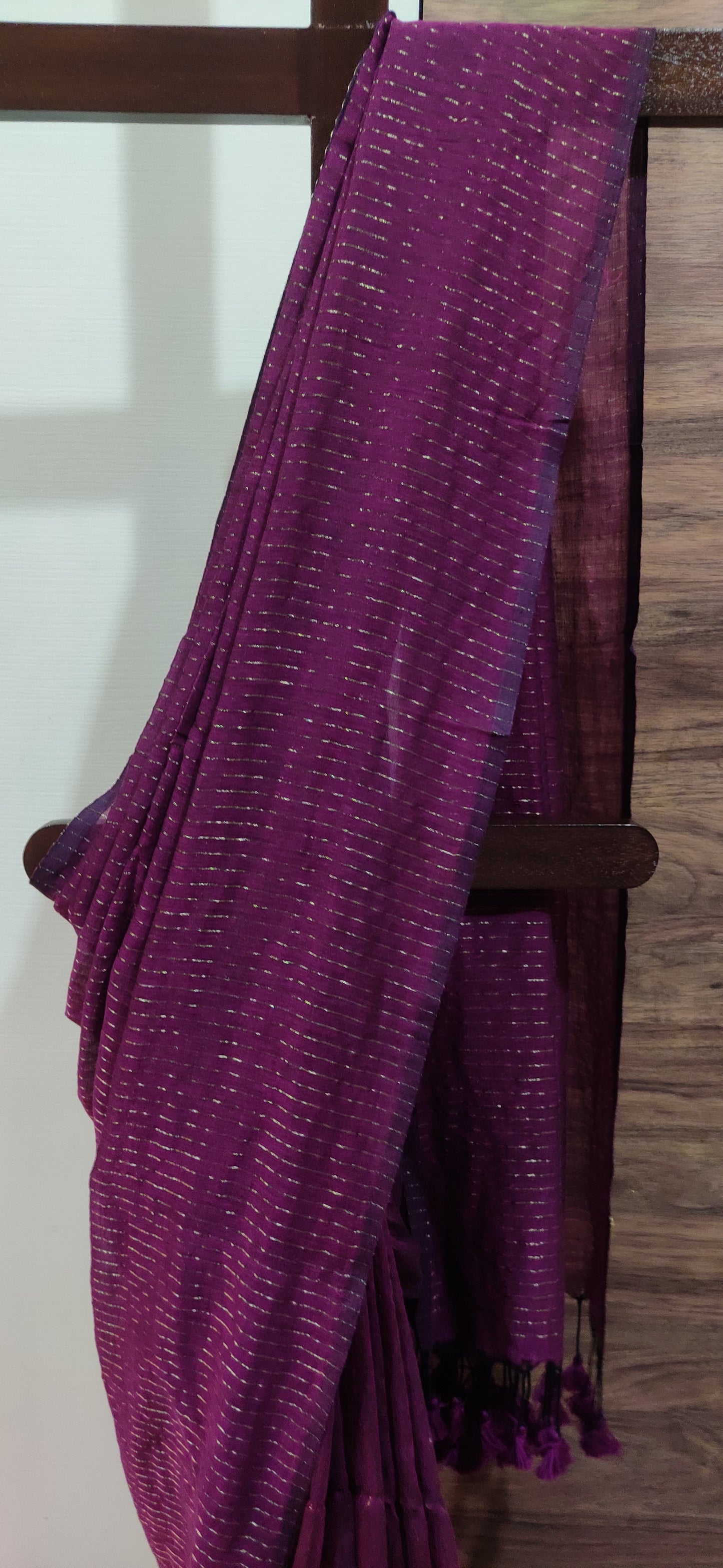 Wine Mul Cotton Vertical zari stripped Saree